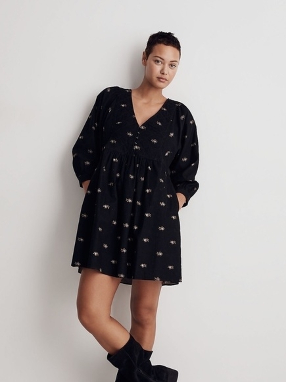 Madewell Floral Babydoll Mini Dress Oversized M Fits L Black Quilted Pockets